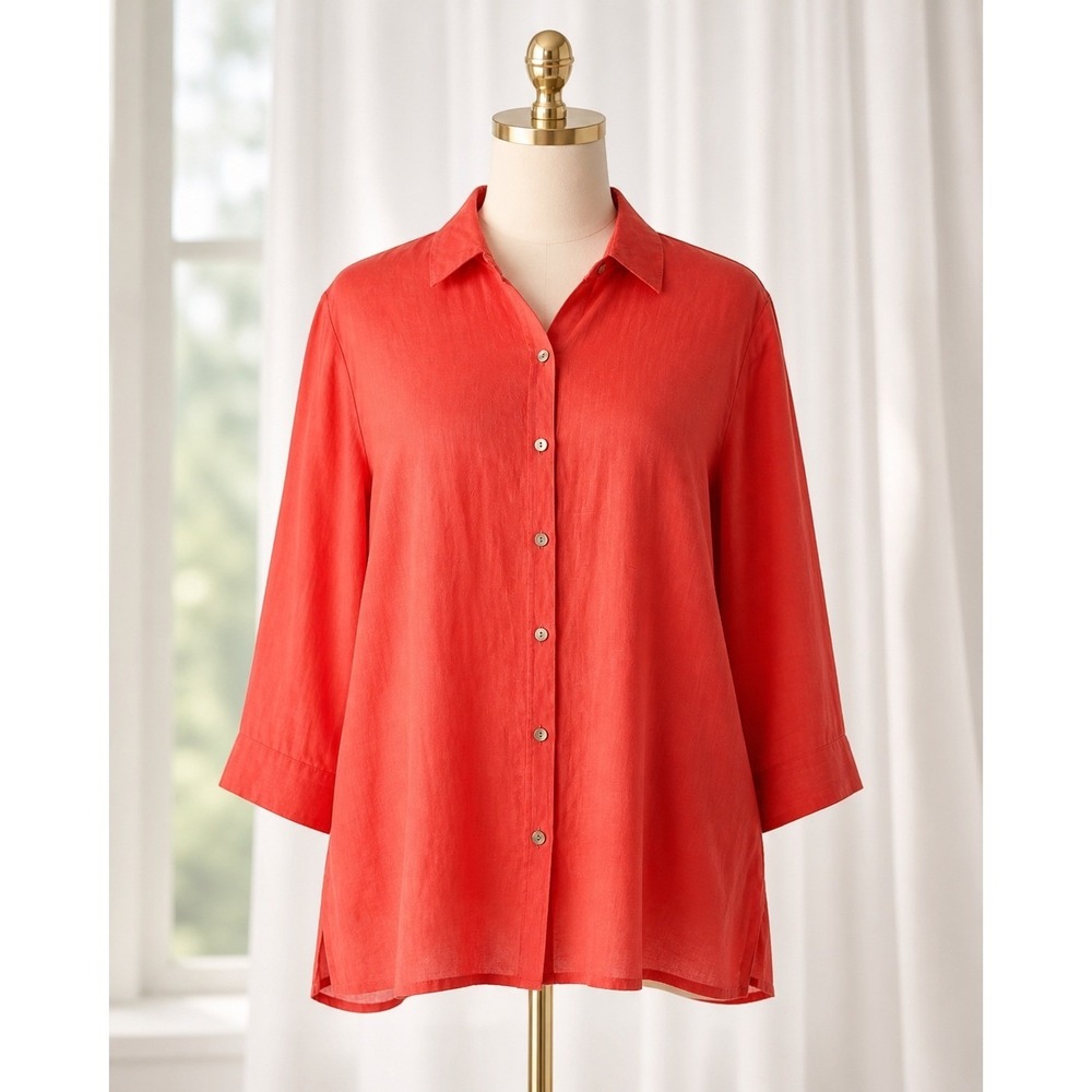 Chico's Linen Silk Button‎ Down Top Shirt Women 2 Large Coral Red 3/4 Sleeve